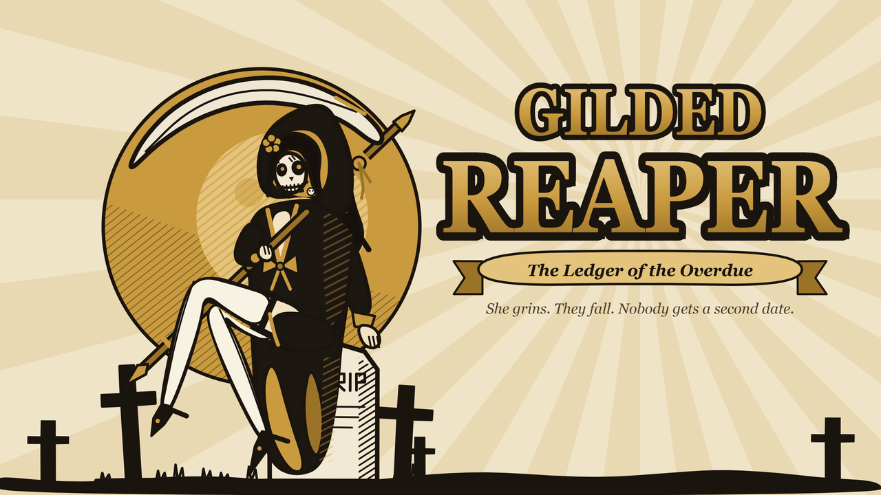 Gilded Reaper: Death in black and gold, with her scythe, seated on a gravestone. The Ledger of the Overdue.