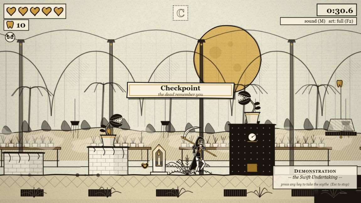 Actual Glasshouse gameplay: the Reaper stands among platforms, carnivorous plants and a checkpoint.